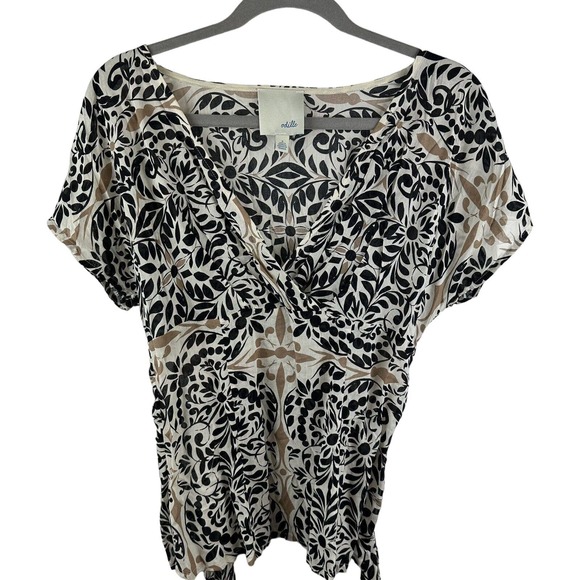 ODILE Anthropologie Sz 2 Blouse Top Black Beige Floral Front Tie Workwear Shirt - Picture 2 of 8